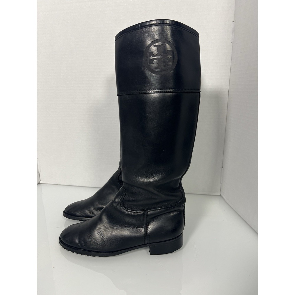 AUTHENTIC‎ TORY BURCH (7.5M) TALL BLACK LEATHER LOGOED BOOTS SEE DISCRIPTION